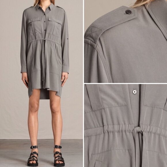 AllSaints Millie Shirt Dress Grey Modal Size Medium Military Style Long Sleeves - Picture 2 of 14